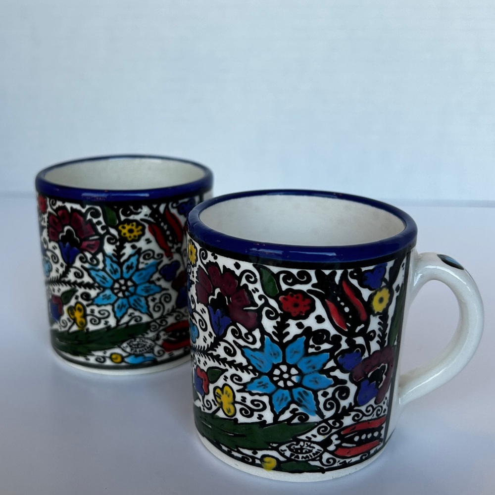 Armenian Ceramic Mugs Hand Painted Floral Motif Set of 2
